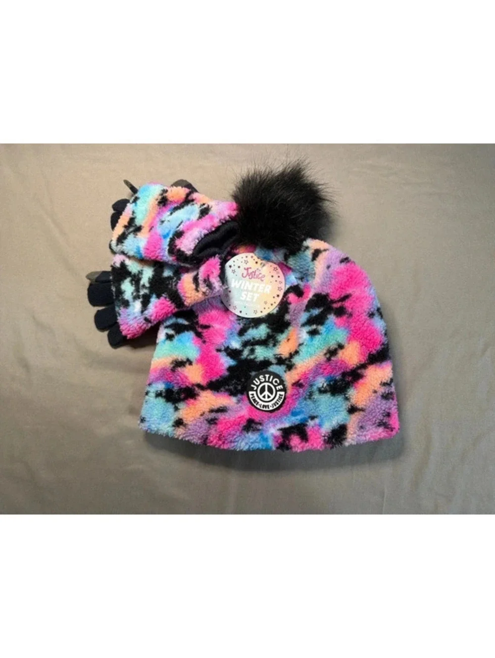 Justice, glove and hat set with faux fur
